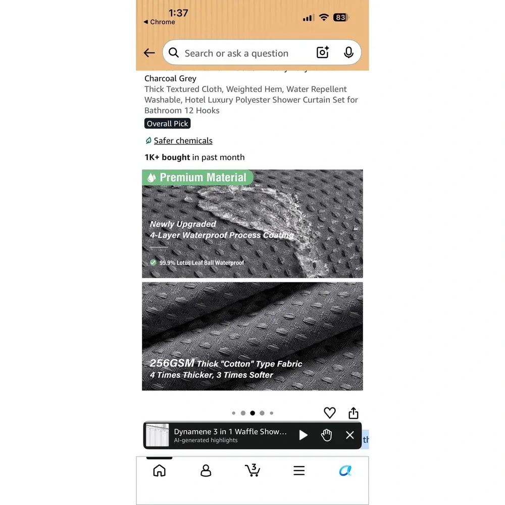 72x72 Inch Charcoal Grey Waffle Weave Shower Curtain w/hooks 3 in 1 technology